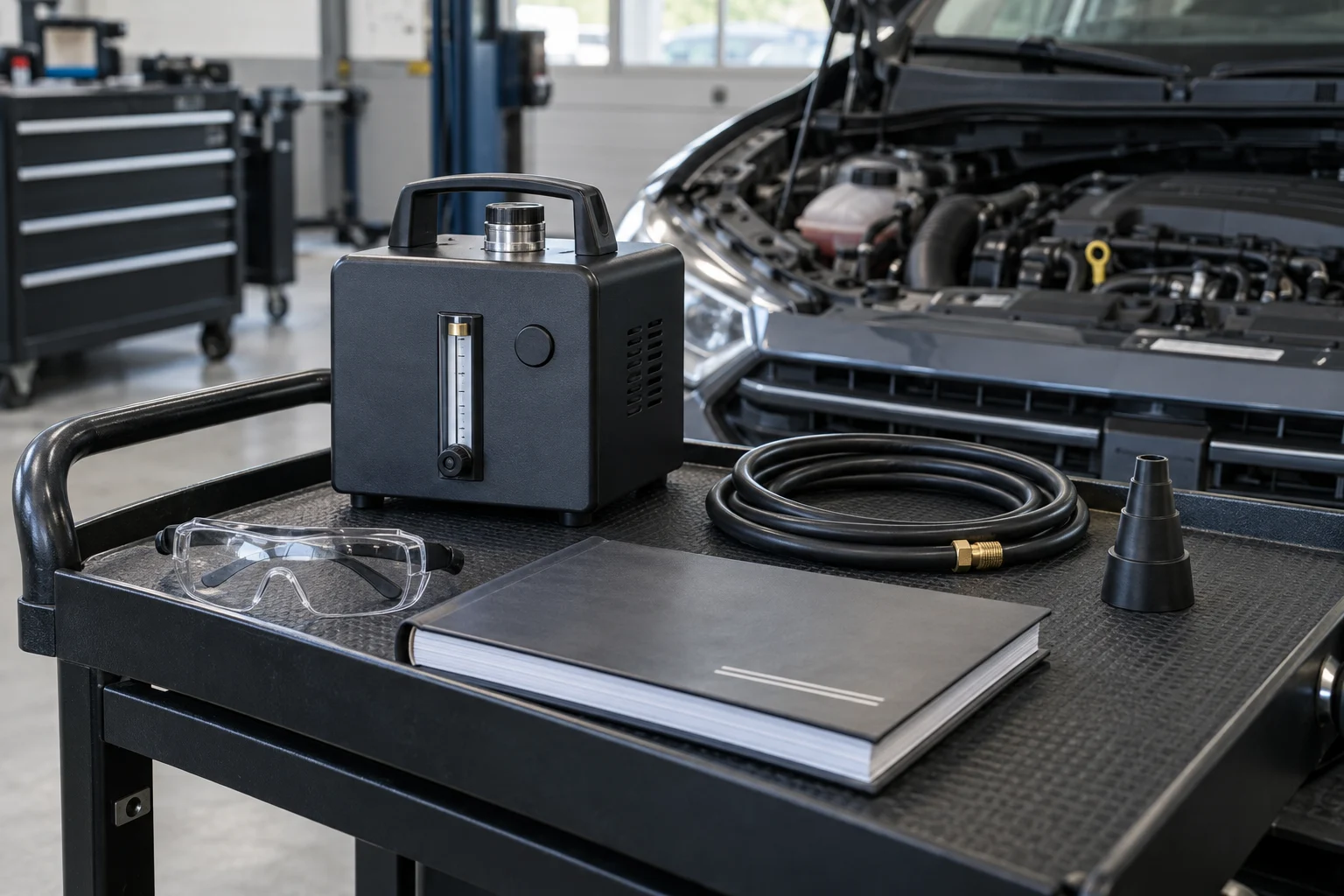Unconnected diagnostic smoke tester prepared for intake inspection