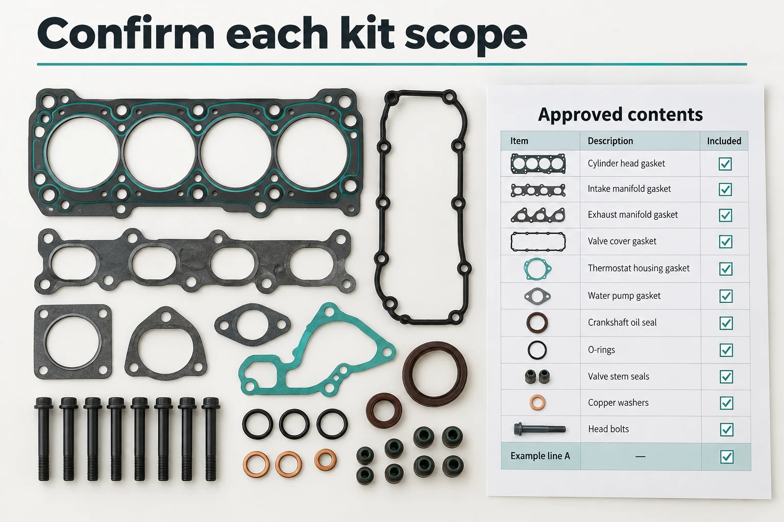 Gasket kit components matched to one purchase-order line