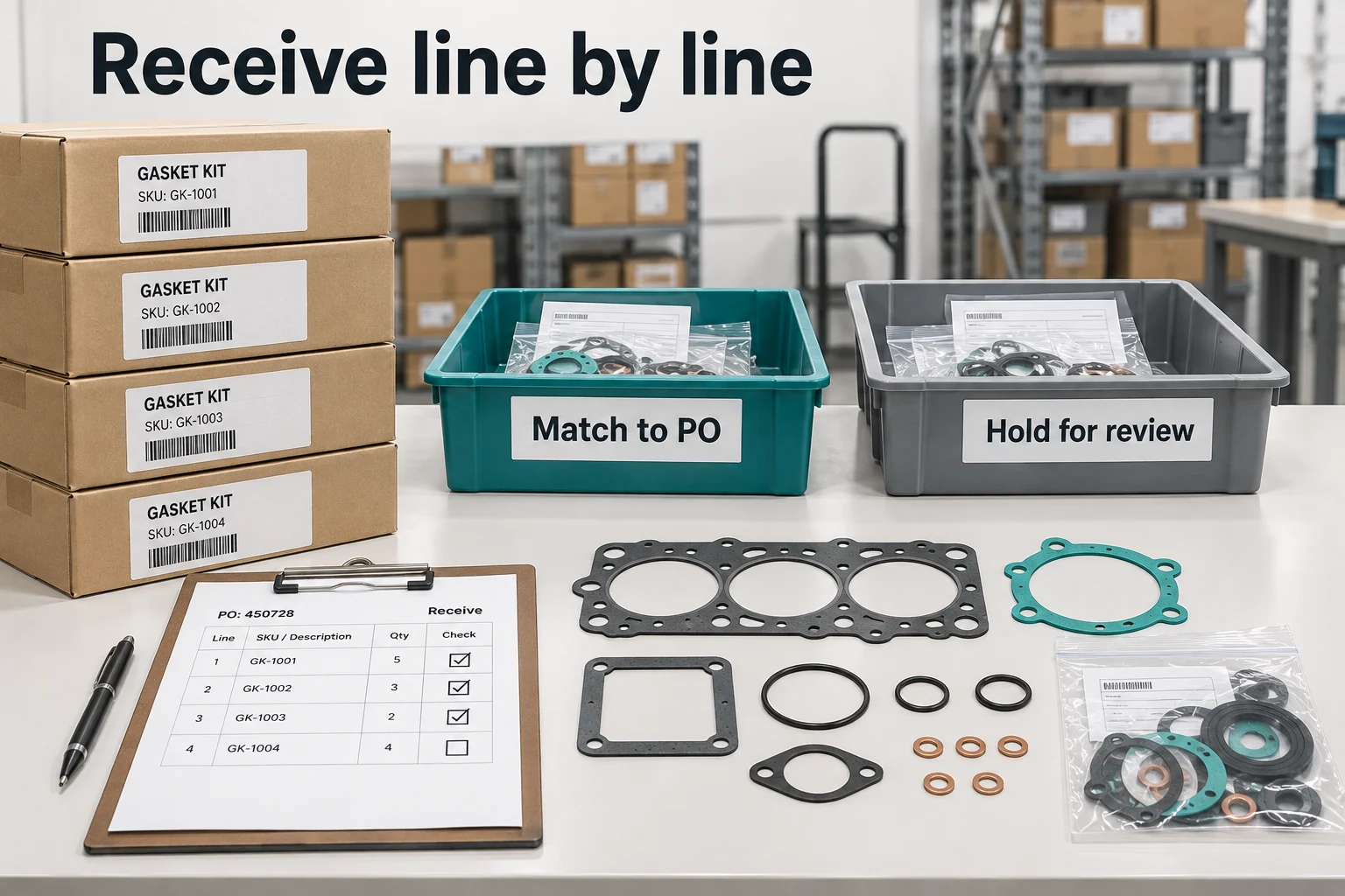Gasket kit receiving station with separated purchase-order lines