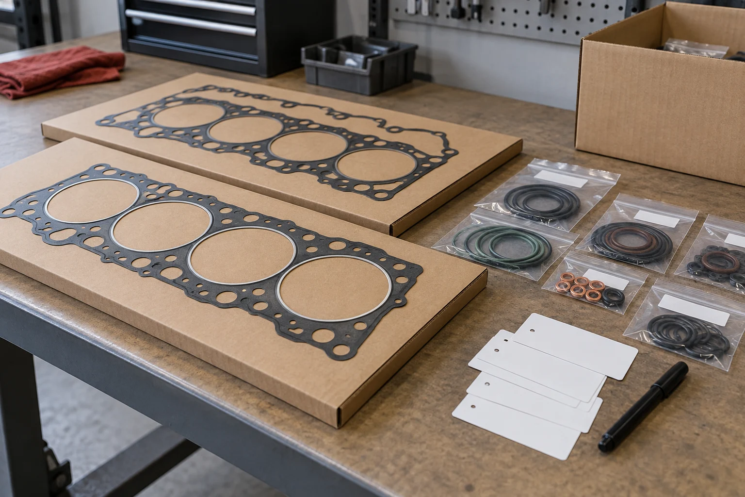 Protected gasket packages and identification labels ready for order review