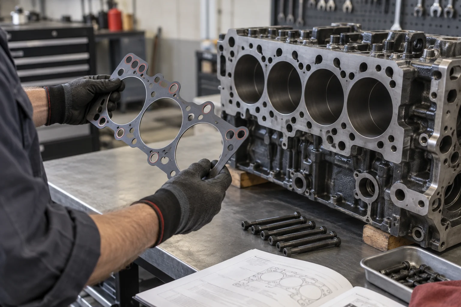 Technician comparing a gasket with an engine sealing surface