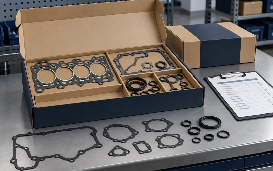 Private label engine gasket kits illustration with protective packaging, assorted gaskets and O-ring seals.
