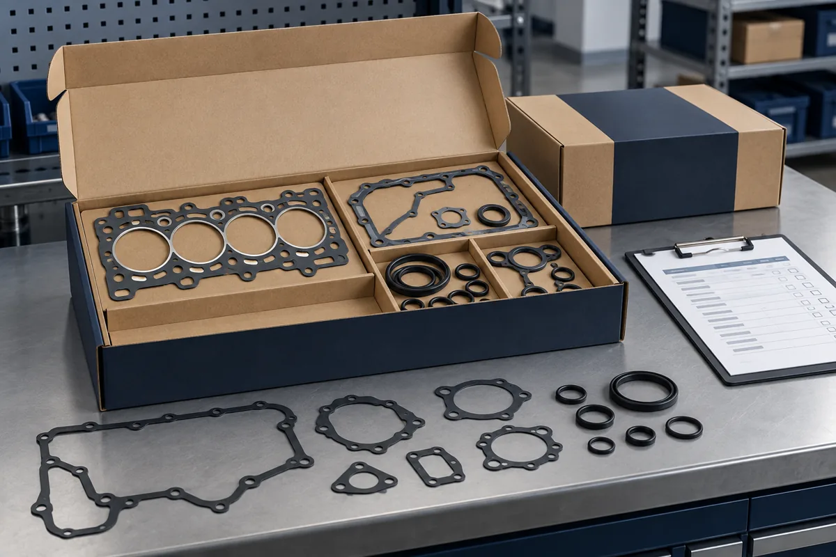 Private label engine gasket kits illustration with protective packaging, assorted gaskets and O-ring seals.