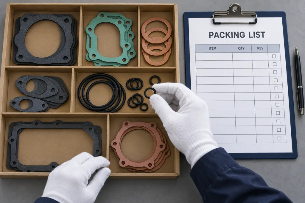 Gaskets and O-rings arranged beside a packing-list checklist for component verification.