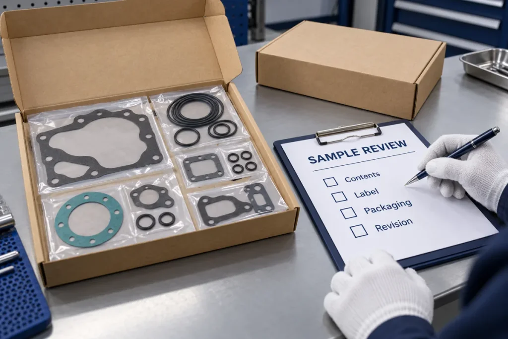 Packaged gaskets and seals beside a sample-review checklist for contents, label, packaging and revision.