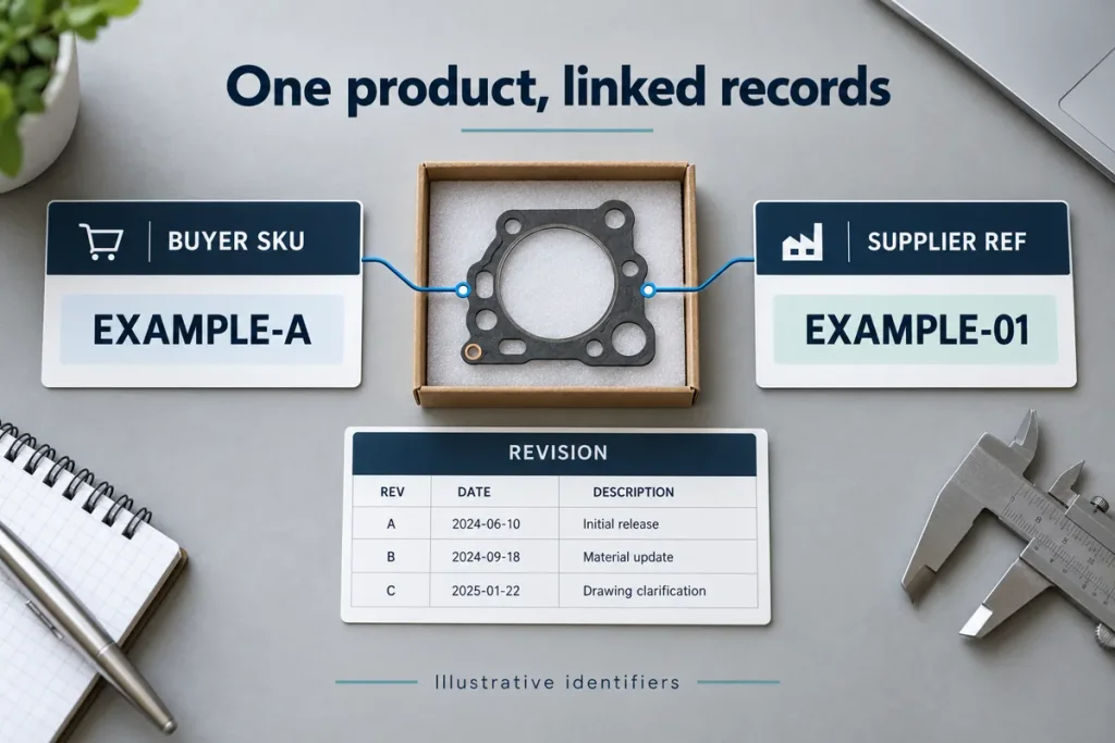 Private label engine gasket kits illustration linking a buyer SKU to a supplier reference and revision record.