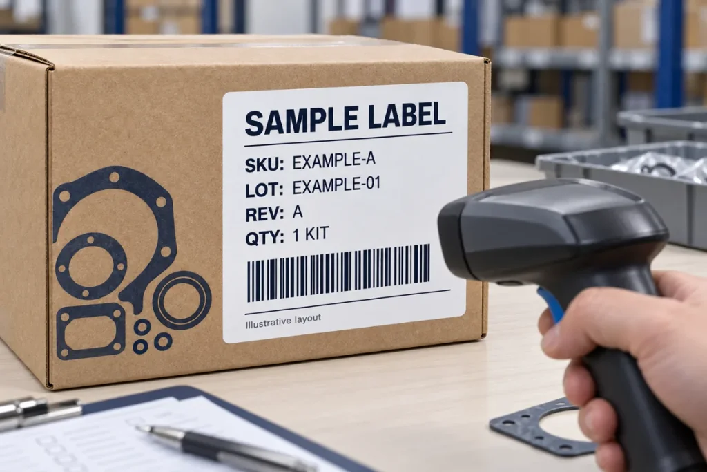 Example gasket-kit carton label with SKU, lot, revision and quantity fields beside a barcode scanner.