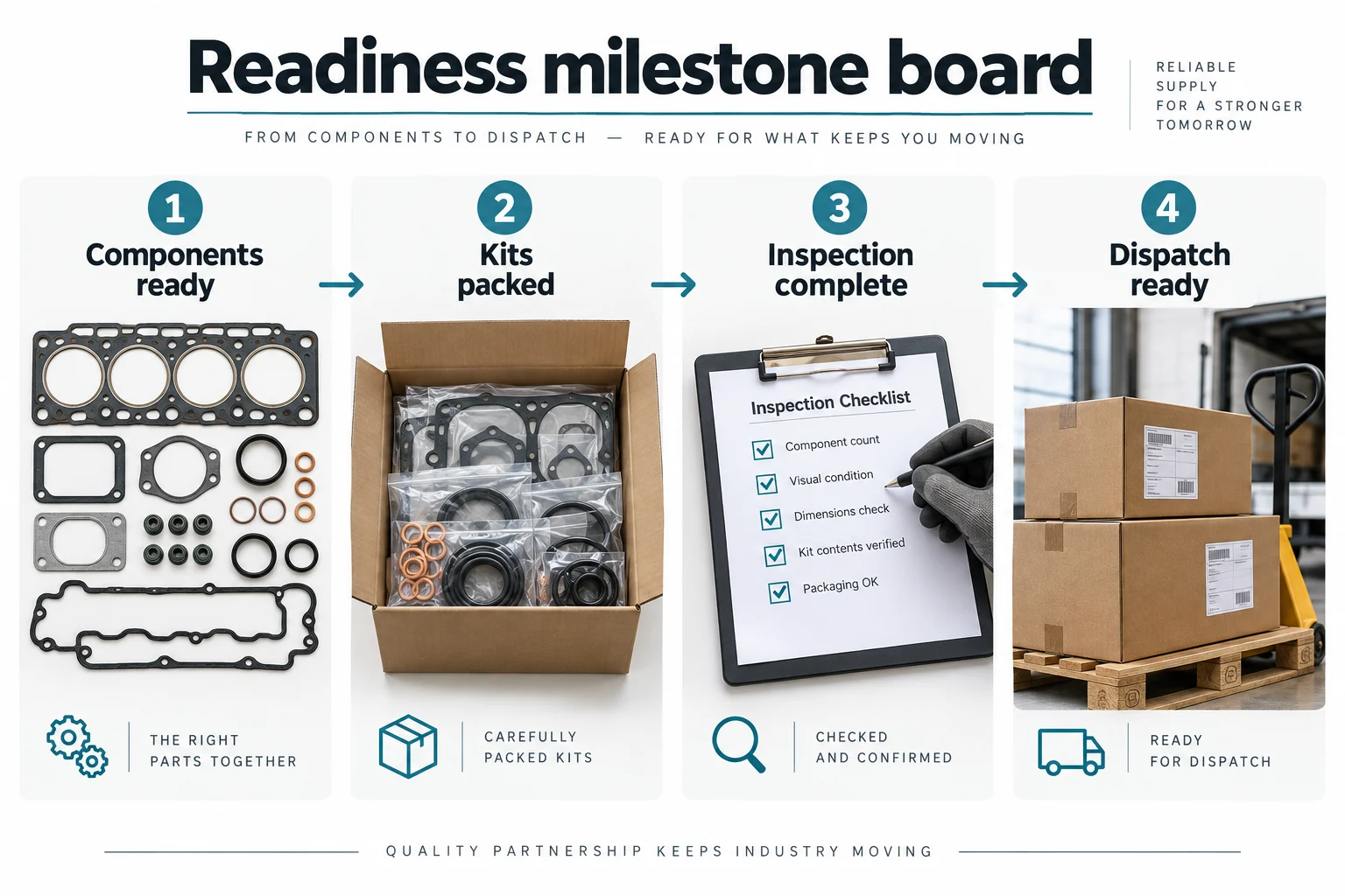 Gasket kit readiness milestones from components and packing to inspection and dispatch