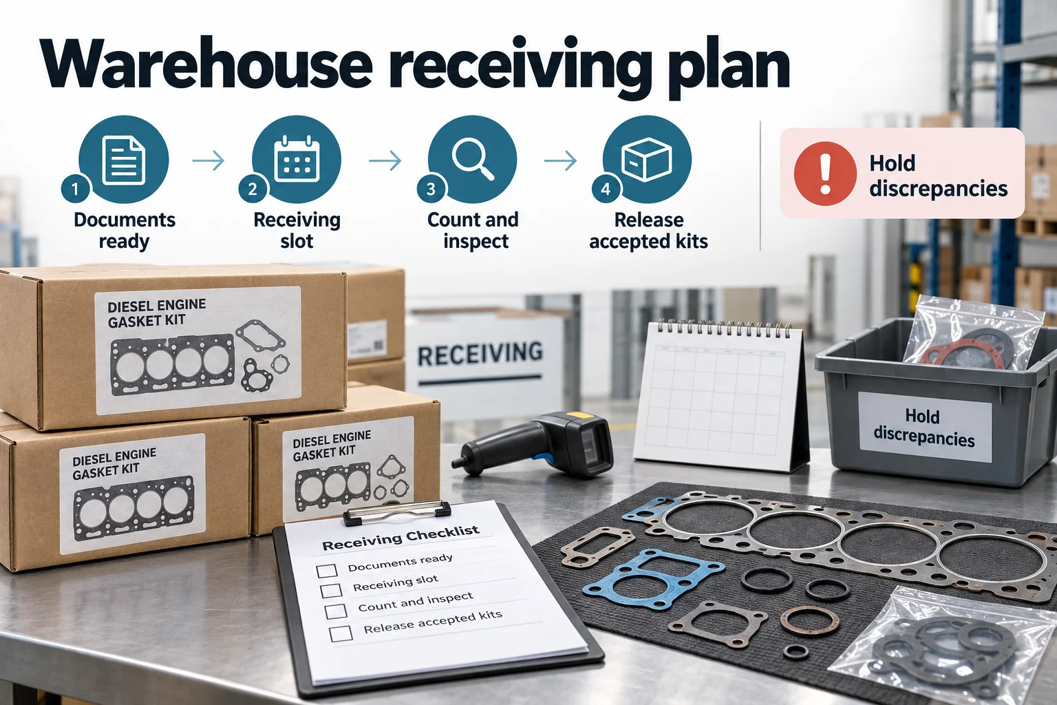 Warehouse receiving plan covering documents, receiving slot, inspection and discrepant items
