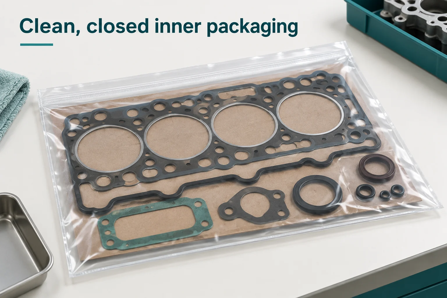 Gasket kit inner packaging checked for cleanliness and closure