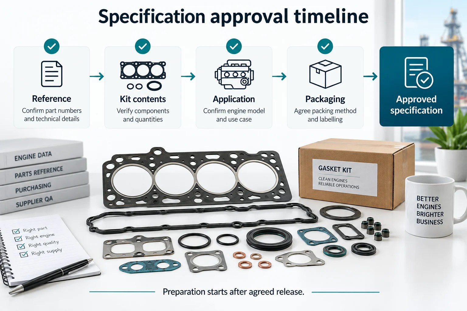Diesel gasket kit lead time starting with reference, kit contents, application and packaging approval