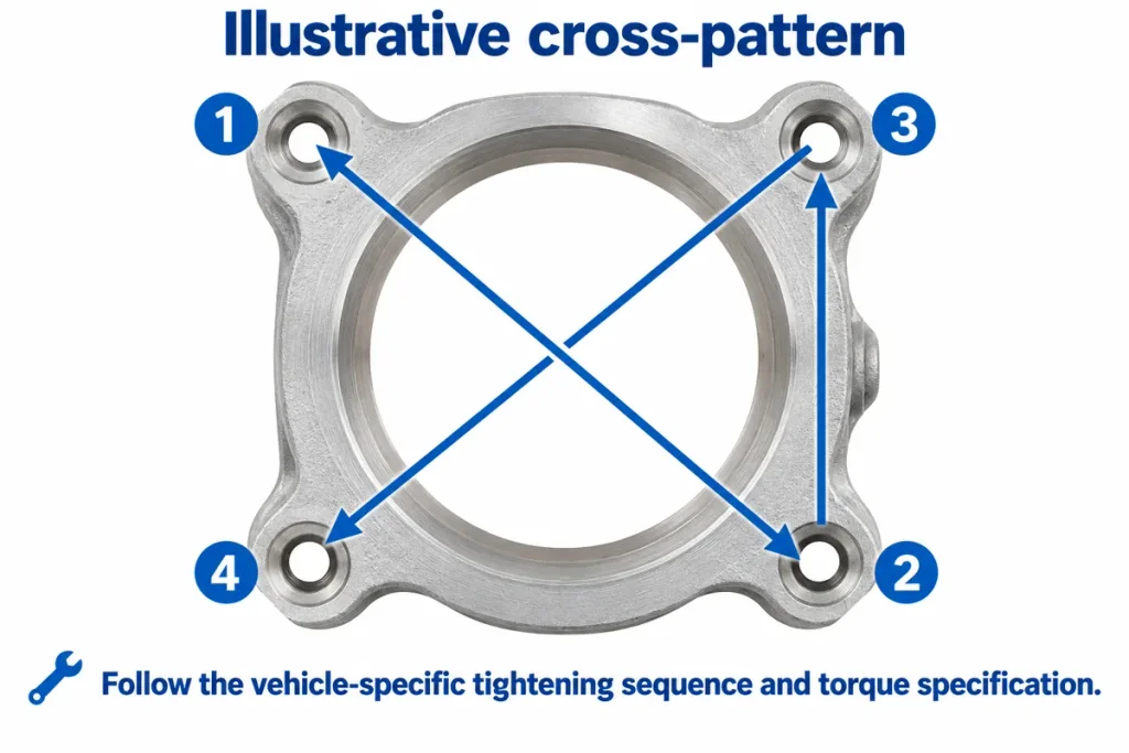 Illustrative four-bolt throttle body flange cross-pattern with positions numbered one through four.