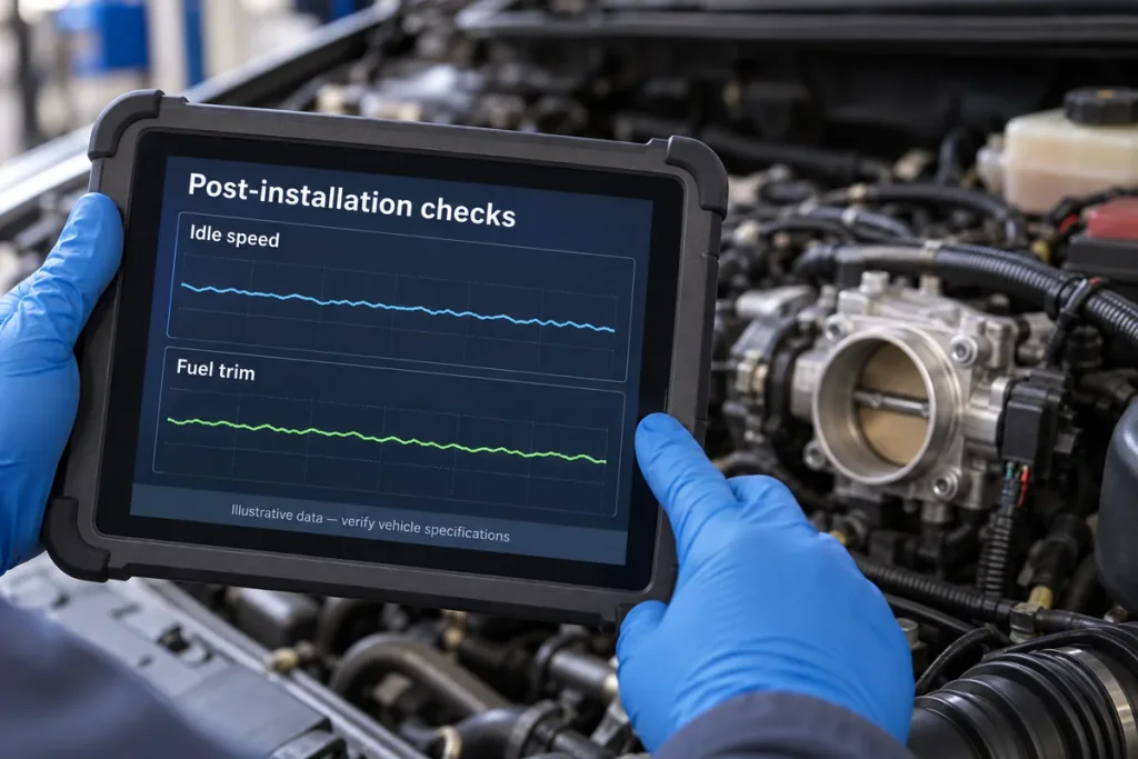 Diagnostic tablet illustration showing idle speed and fuel trim traces beside an engine bay.
