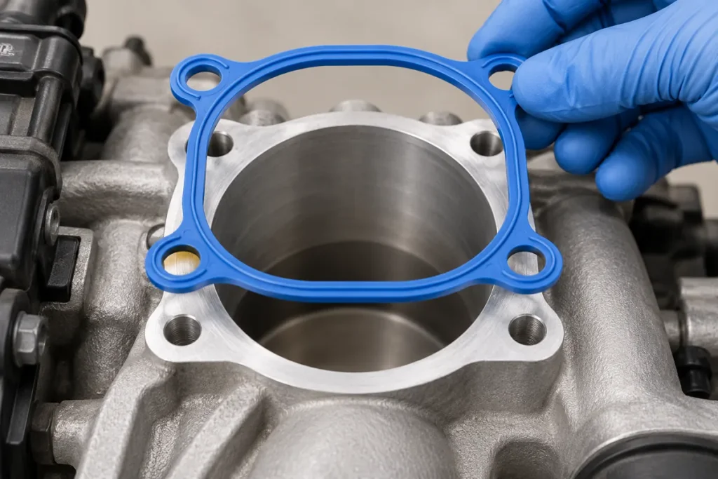 Throttle body gasket installation illustration showing a blue gasket held above a clean aluminum intake flange.