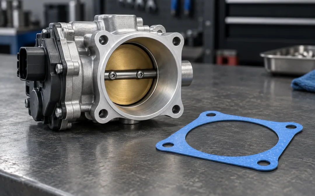 Throttle body gasket installation illustration with a clean throttle body and a blue gasket on a workshop bench.