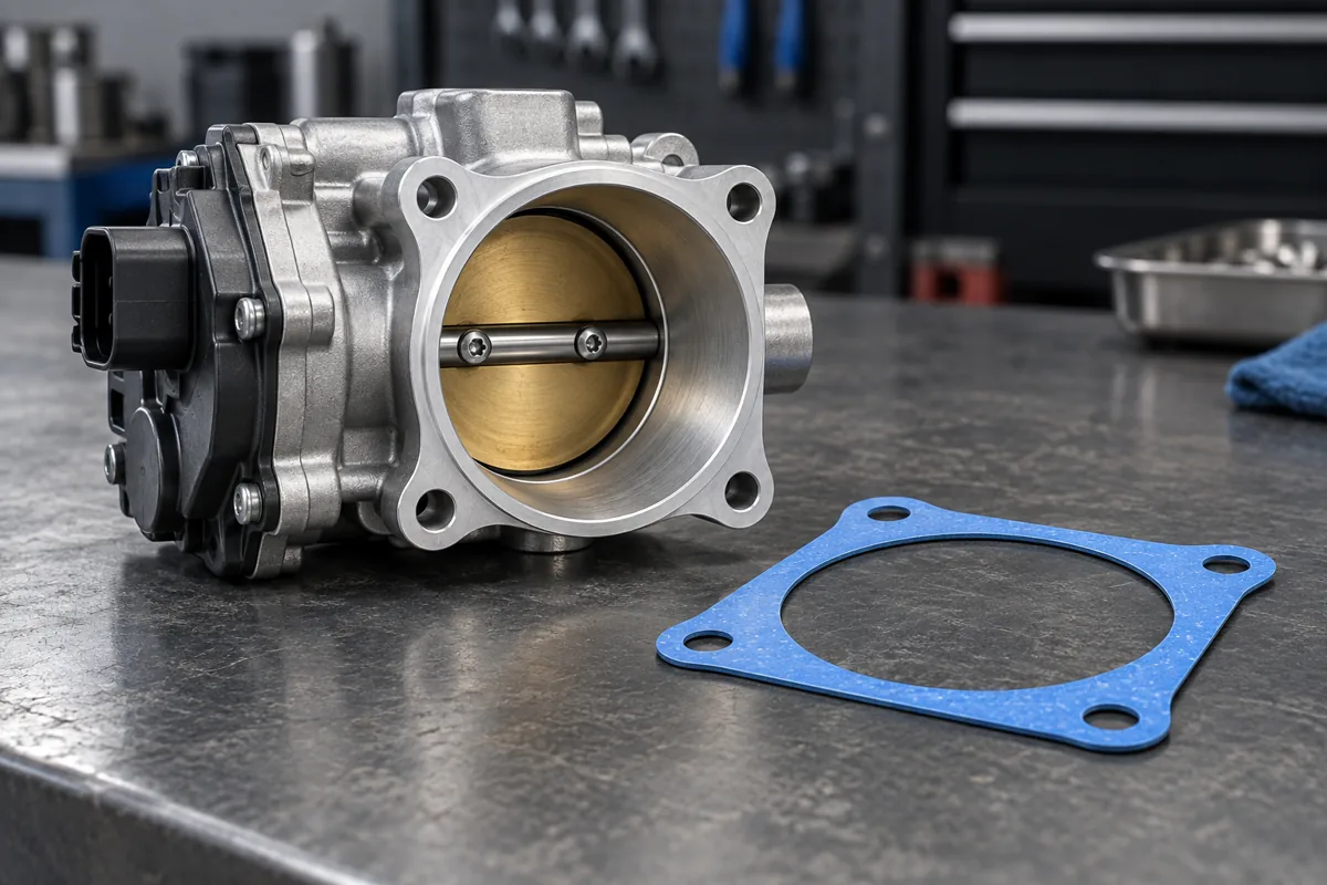 Throttle body gasket installation illustration with a clean throttle body and a blue gasket on a workshop bench.