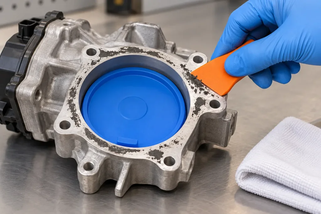 Gloved hand using a plastic scraper on an aluminum flange with the intake opening protected.