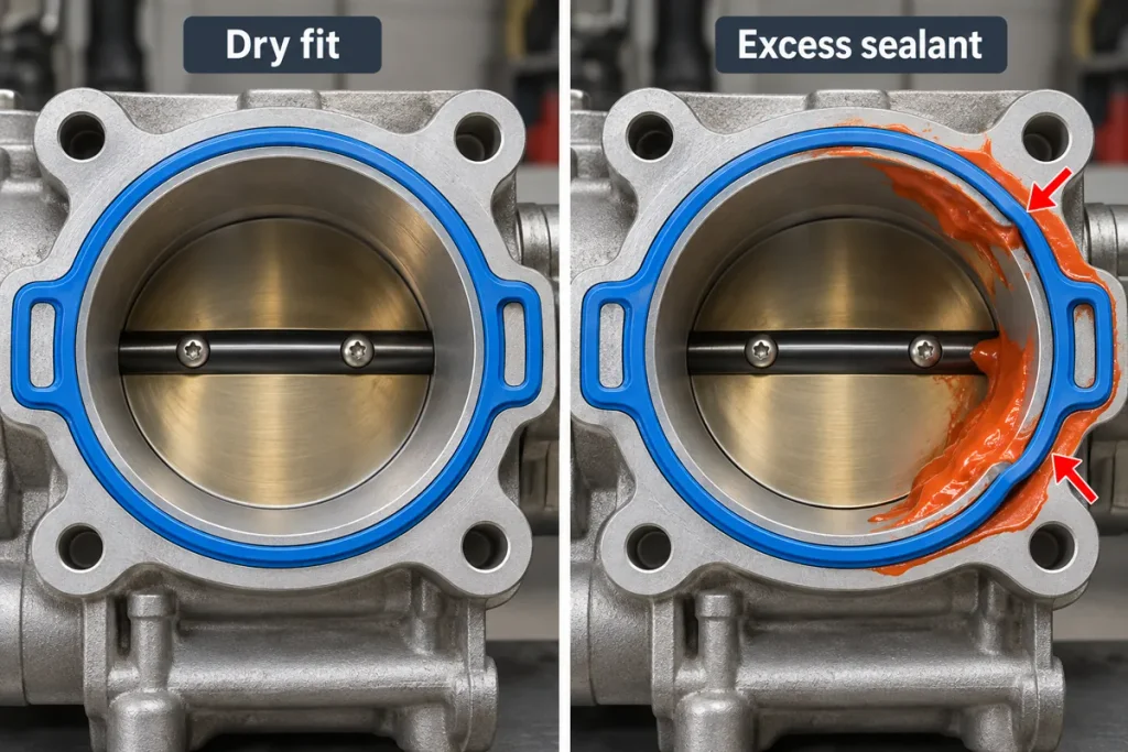 Comparison illustration of a dry-fitted throttle gasket and excess sealant squeezing into the bore.